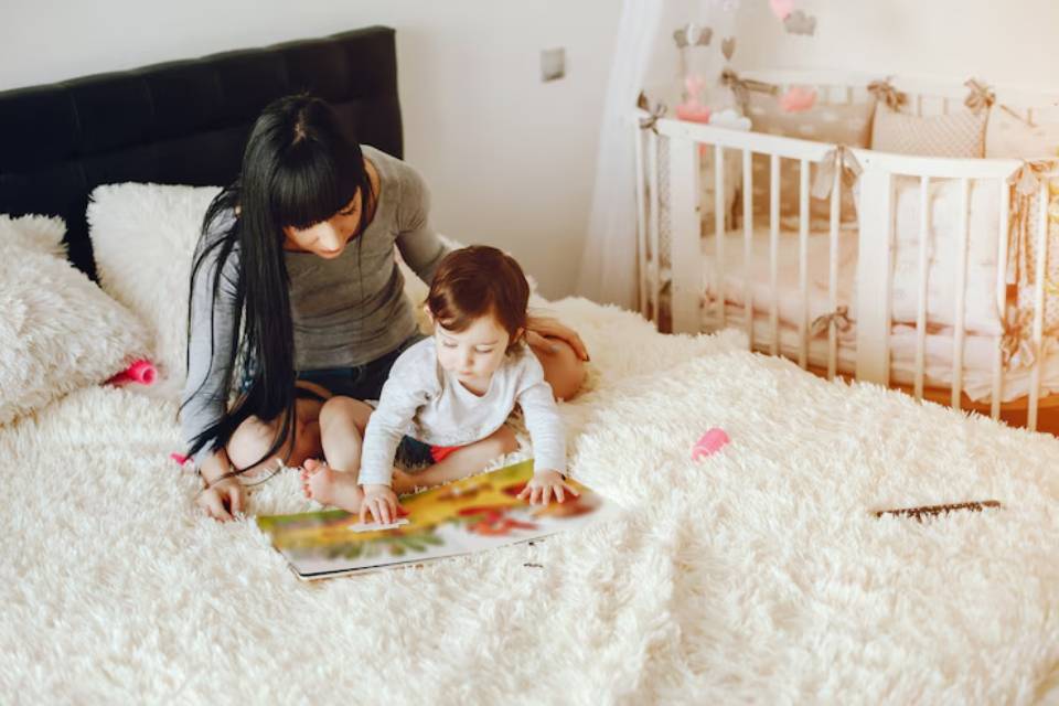 A woman and a young child sit on a fluffy bed, engaged in reading a colorful picture book together. A crib is visible in the background.