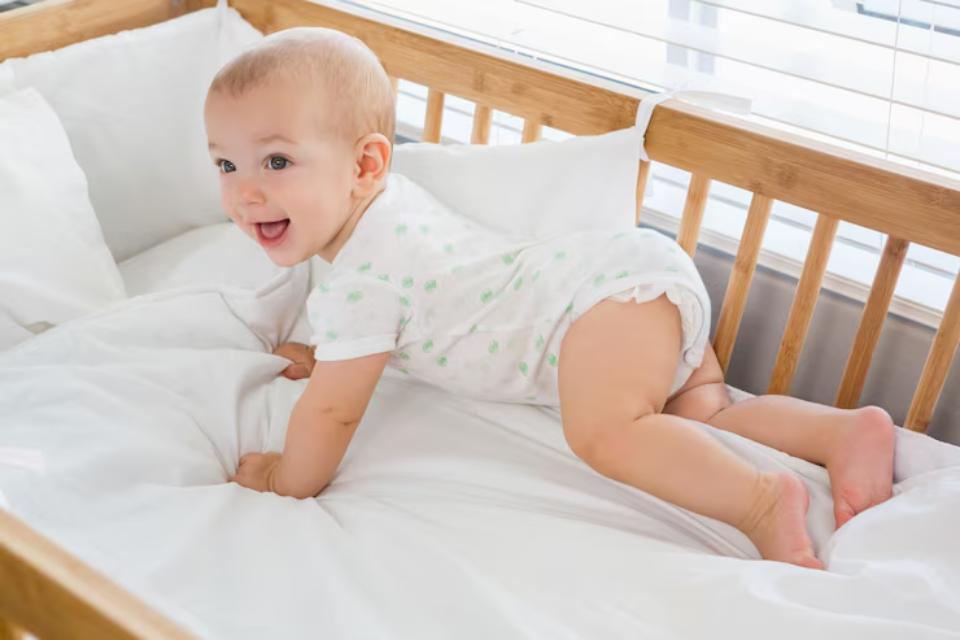  A baby in a white onesie crawls on a soft, white crib mattress surrounded by plush bedding, sunlight streaming through the window.