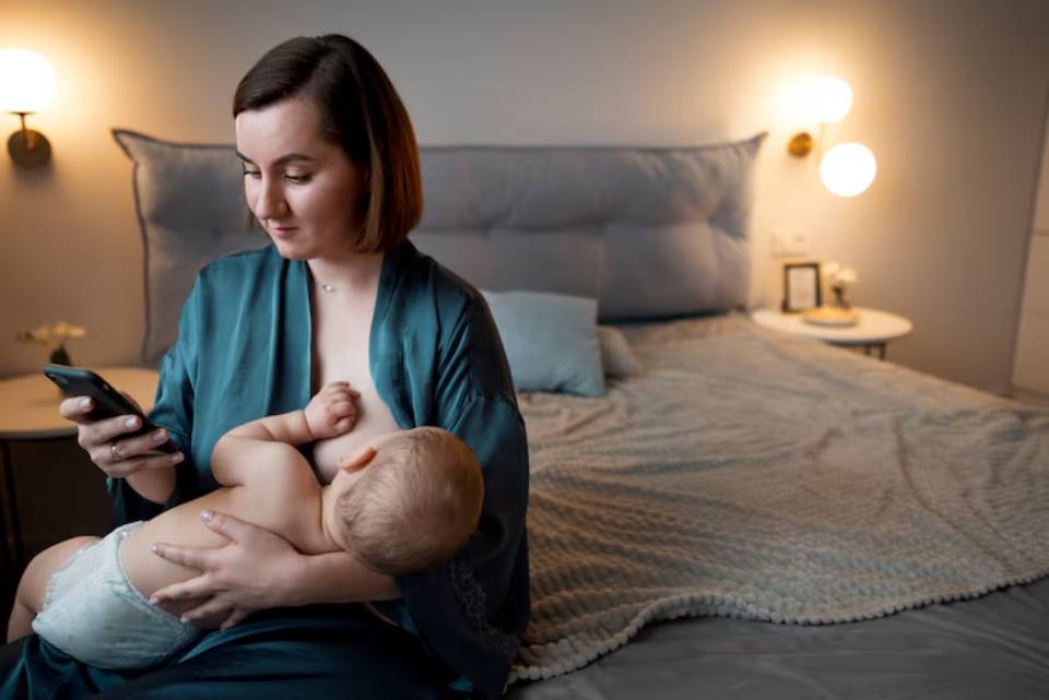 A mother wearing a teal robe gently holds her baby while using a smartphone, sitting in a softly lit bedroom with a cozy bed.