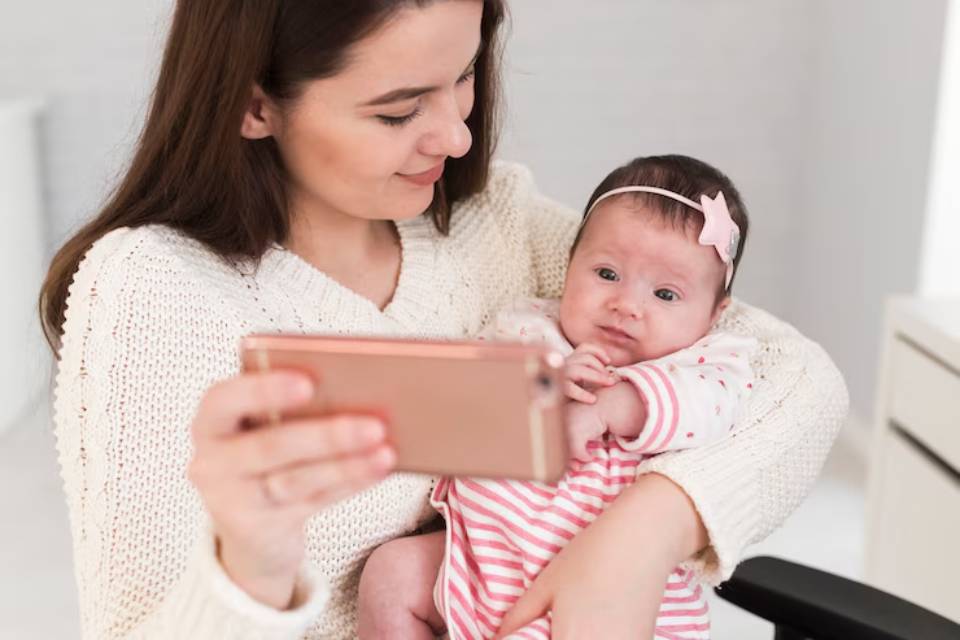 A woman in a cozy sweater holds a baby in a striped outfit while looking at a smartphone, enjoying a moment together.
