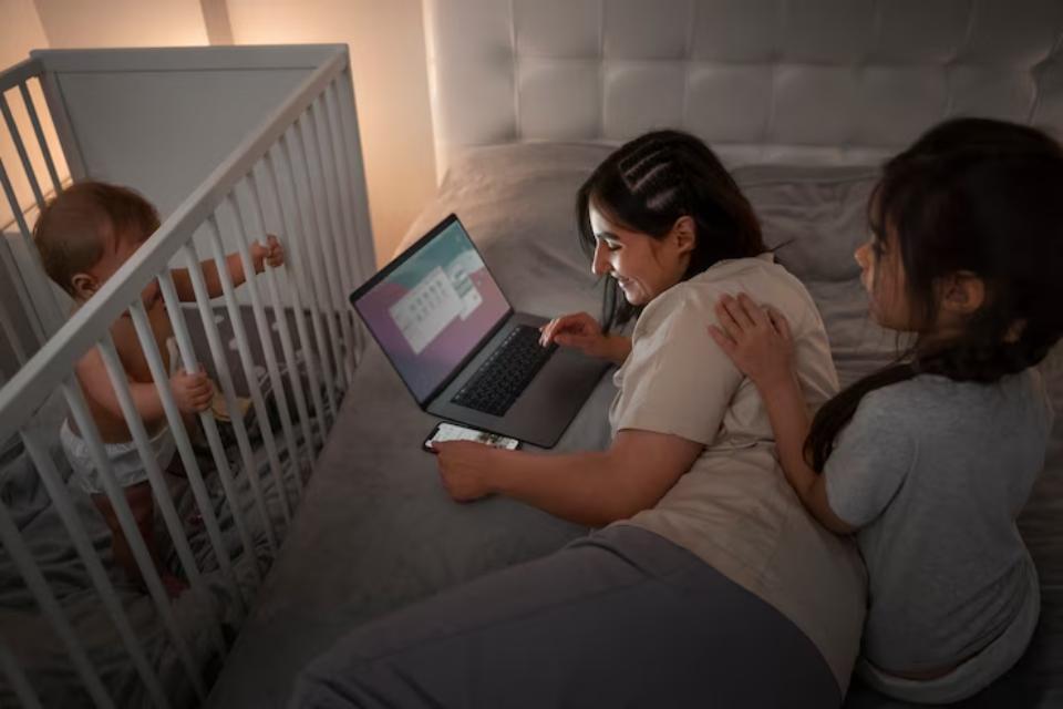  A woman works on a laptop while sitting on a bed, with a child beside her and a toddler playing in a crib nearby.