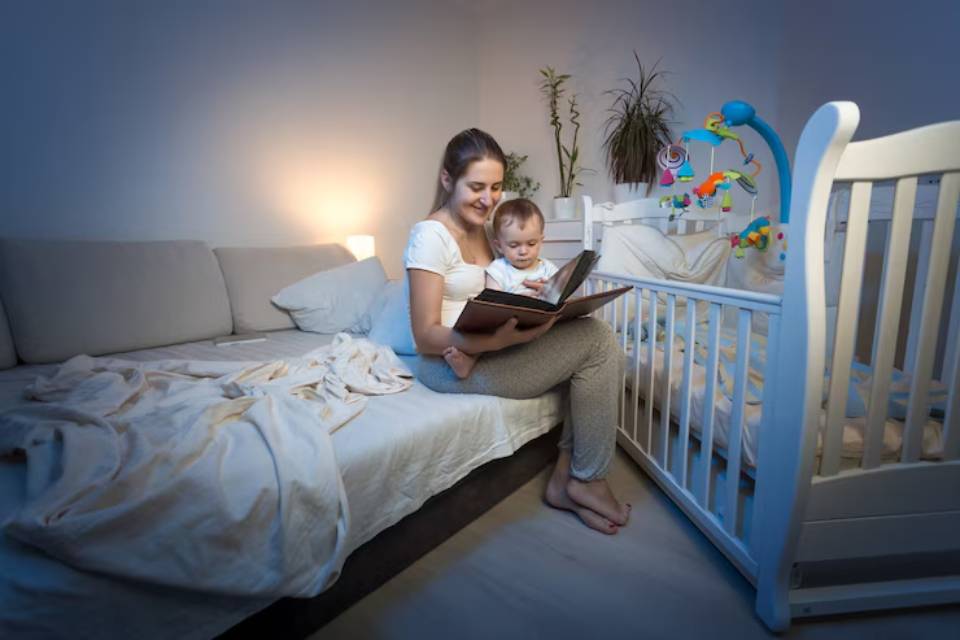 A person reading a book to a child, seated on a bed surrounded by soft blankets, with a crib and toys in a softly lit nursery.