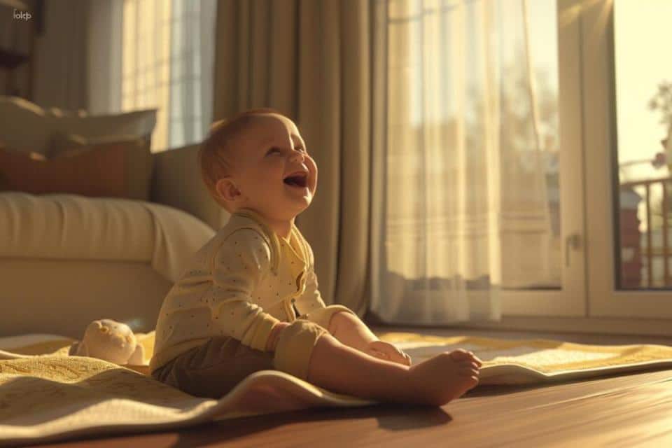 A baby sits on a soft yellow blanket, bathed in warm sunlight from a large window, surrounded by a cozy living room.