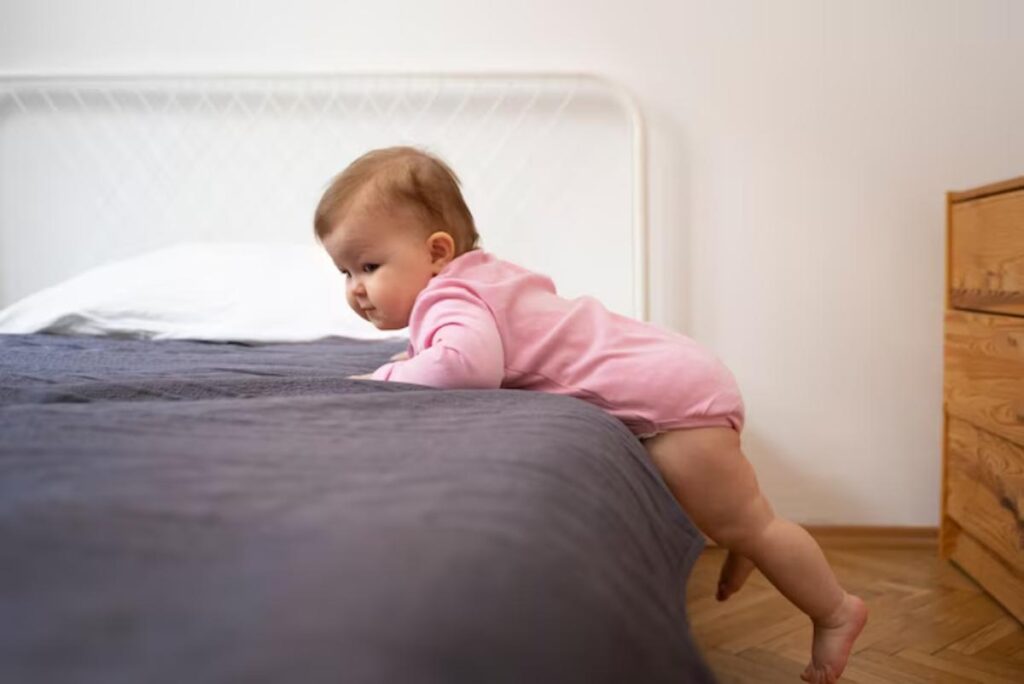 A baby in a pink onesie is crawling over the edge of a bed with a textured dark blanket, in a bright, minimalistic room.