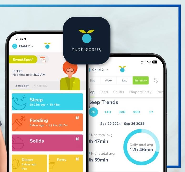 Mobile app interface showcasing Huckleberry's features for tracking child sleep, feeding, and diaper changes.