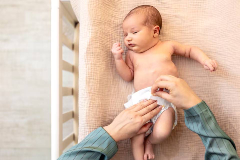 A caregiver gently changes a diaper on a laid-back baby, surrounded by soft fabrics within a cozy nursery setting.