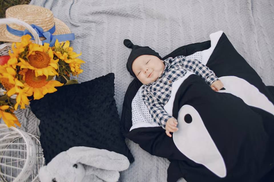 A baby wrapped in a black and white blanket lies on a gray blanket beside a basket of sunflowers and decorative pillows.
