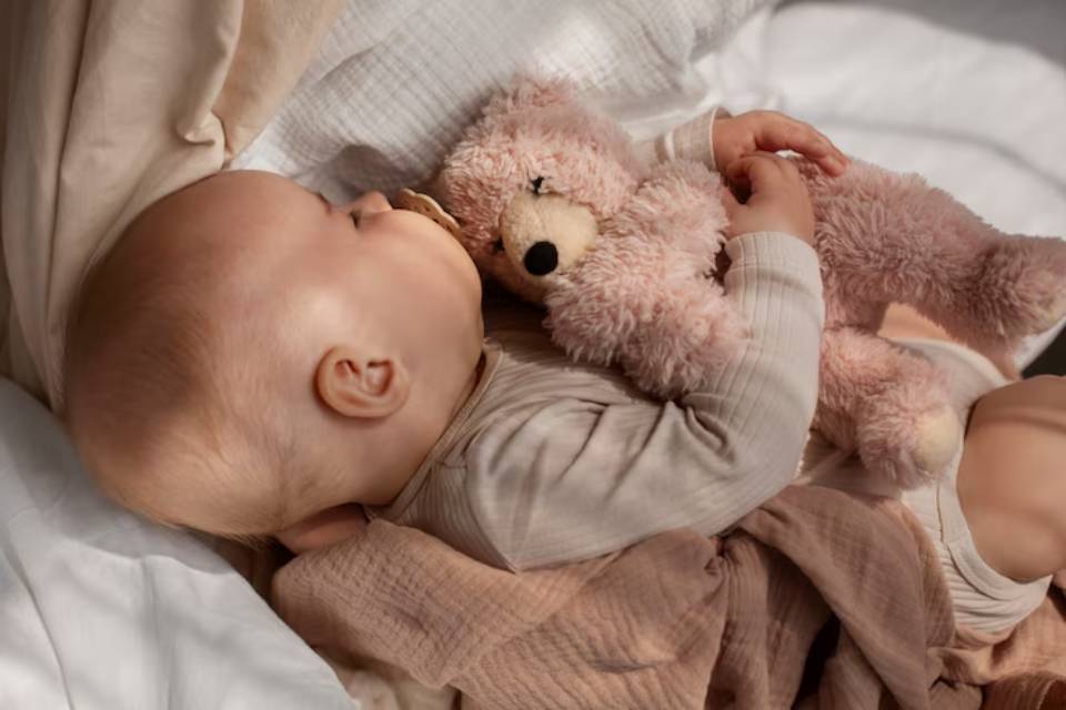 A cozy baby nestled in blankets, peacefully hugging a soft pink teddy bear, bathed in gentle natural light.
