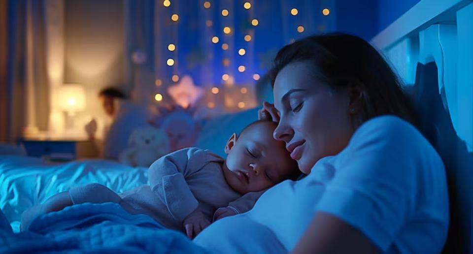  A mother cradles her baby in bed, surrounded by soft blue lighting and warm fairy lights, creating a serene nighttime atmosphere.