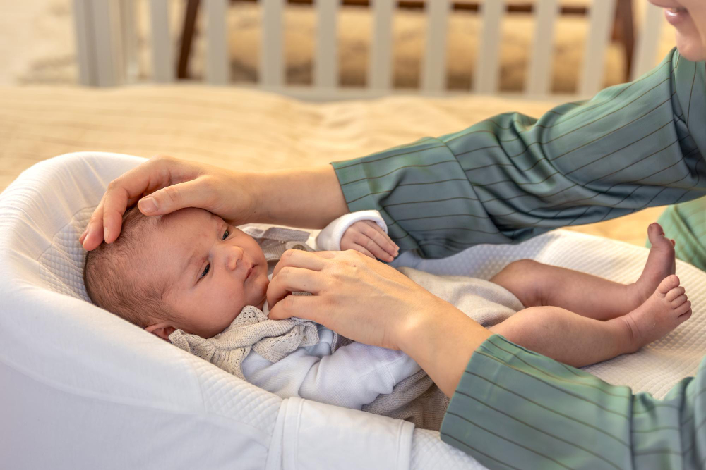  A caregiver gently holds a baby's head while seated beside a crib, radiating a warm and nurturing atmosphere.