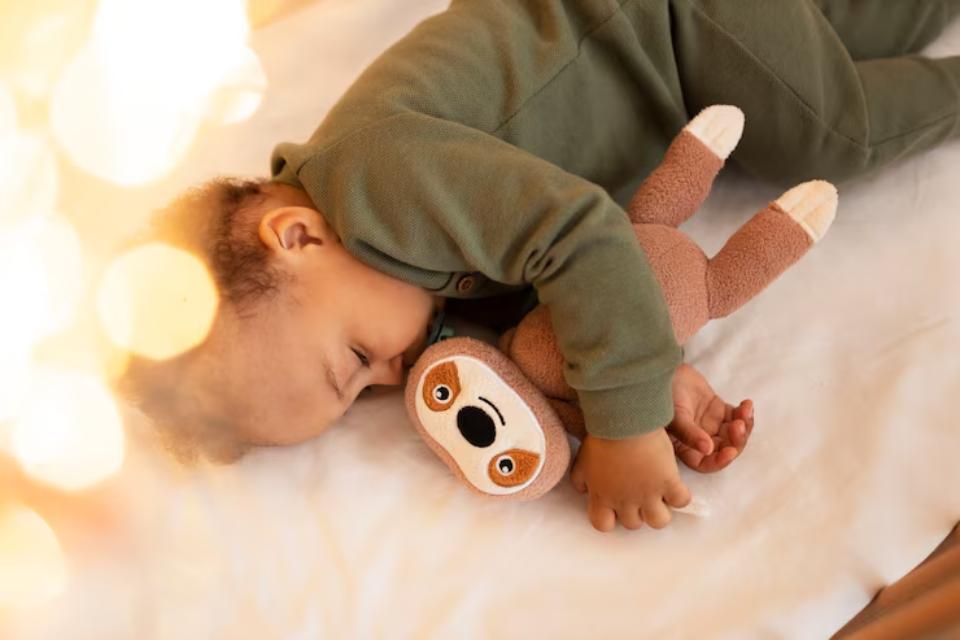  A child in a green outfit peacefully sleeps on a soft surface, hugging a cute plush sloth toy. Warm, dreamy bokeh lights surround them.