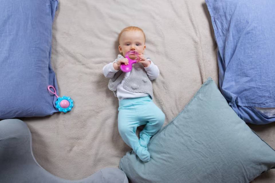 A baby lies on a soft, neutral-colored blanket surrounded by plush pillows, holding a colorful toy. A calming indoor setting.