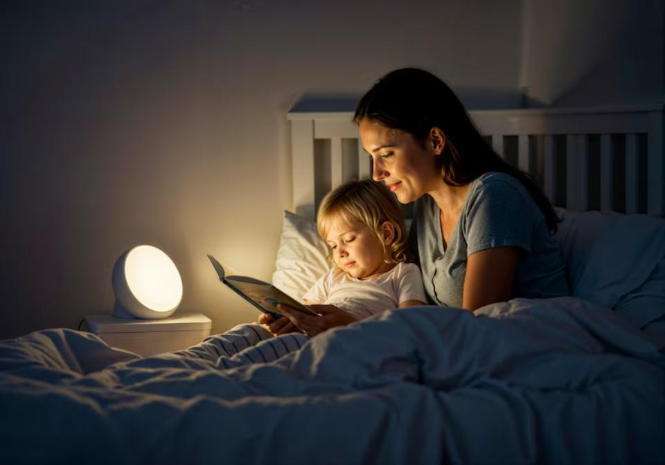  A person and a child sit together in bed reading a book, illuminated by a soft bedside lamp in a cozy, dimly lit room.