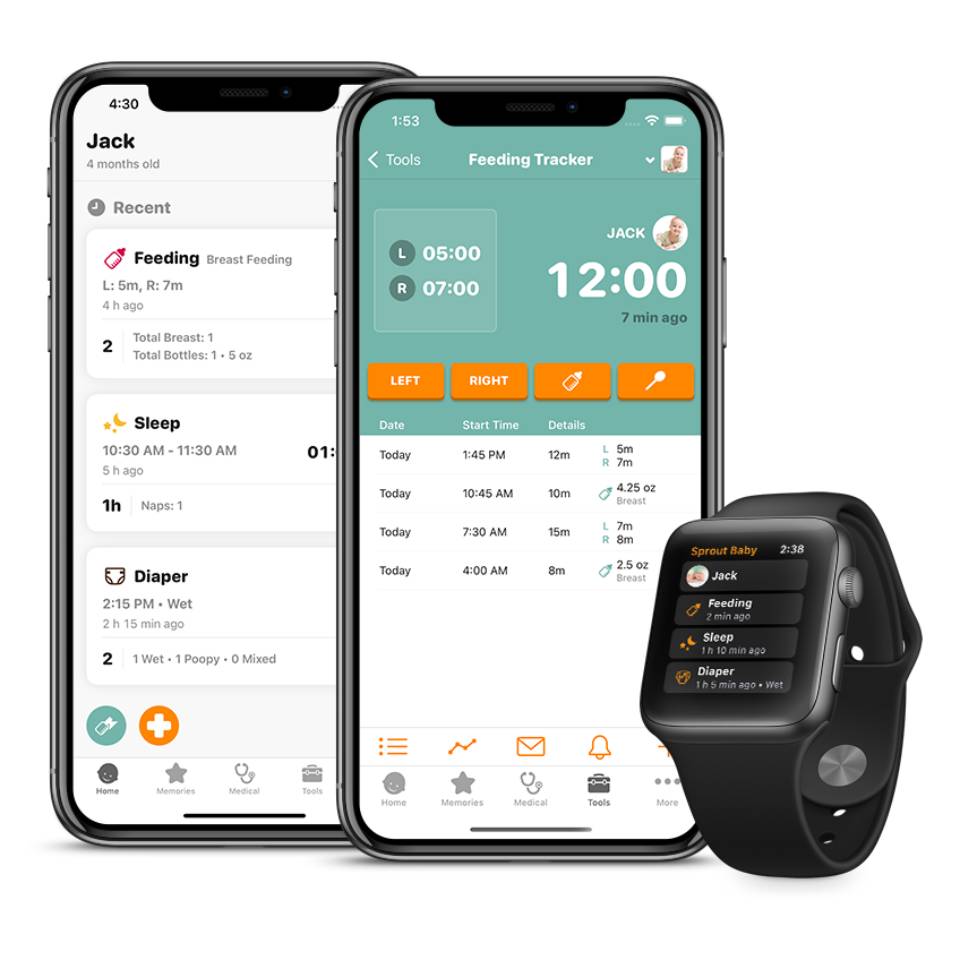 A mobile app interface for tracking a baby's feeding, sleep, and diaper changes, displayed on two smartphones and a smartwatch.