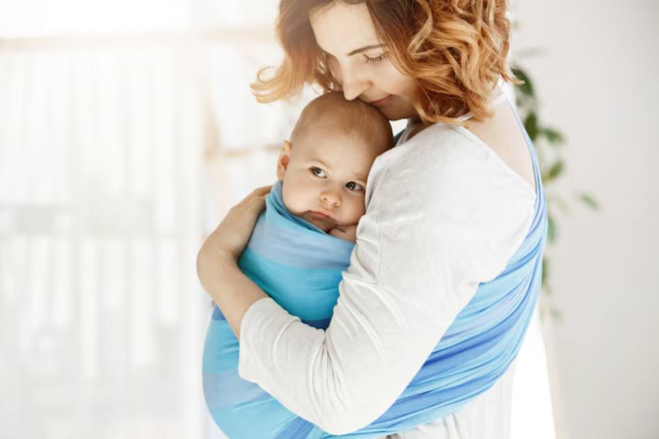 A woman with curly red hair gently holds a baby wrapped in a blue baby carrier, illuminated by soft, natural light in a bright room.