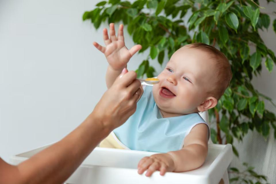  A baby in a high chair eagerly reaches for a spoon held by an adult, surrounded by green plants in a bright, cheerful setting.
