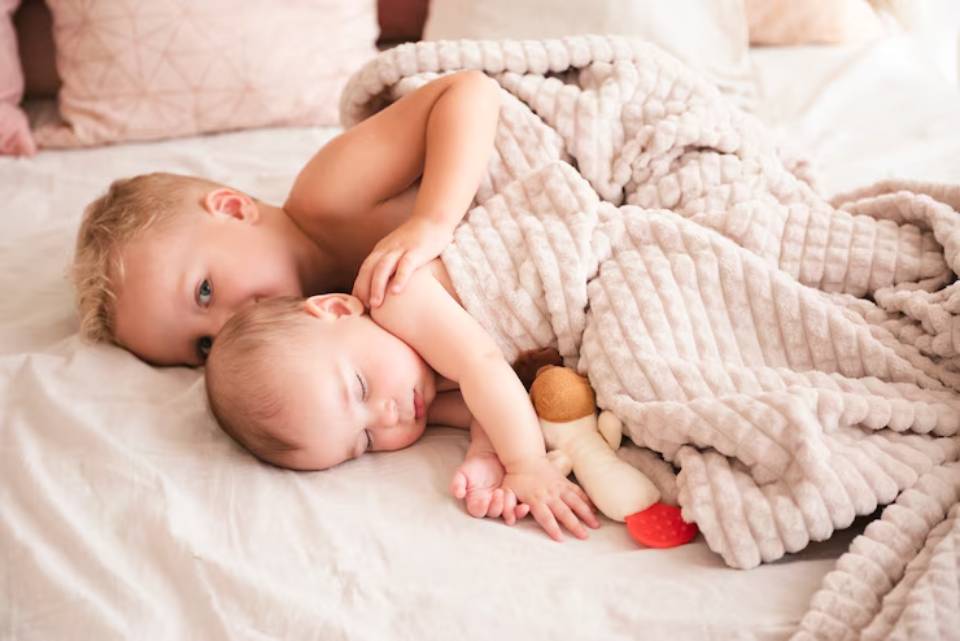 A young child cuddles a baby under a soft, textured blanket on a bed with decorative pillows, showcasing a tender sibling moment.
