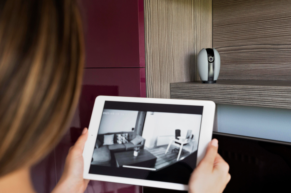 A woman views live footage on a tablet, monitoring a room via a security camera placed on a shelf.