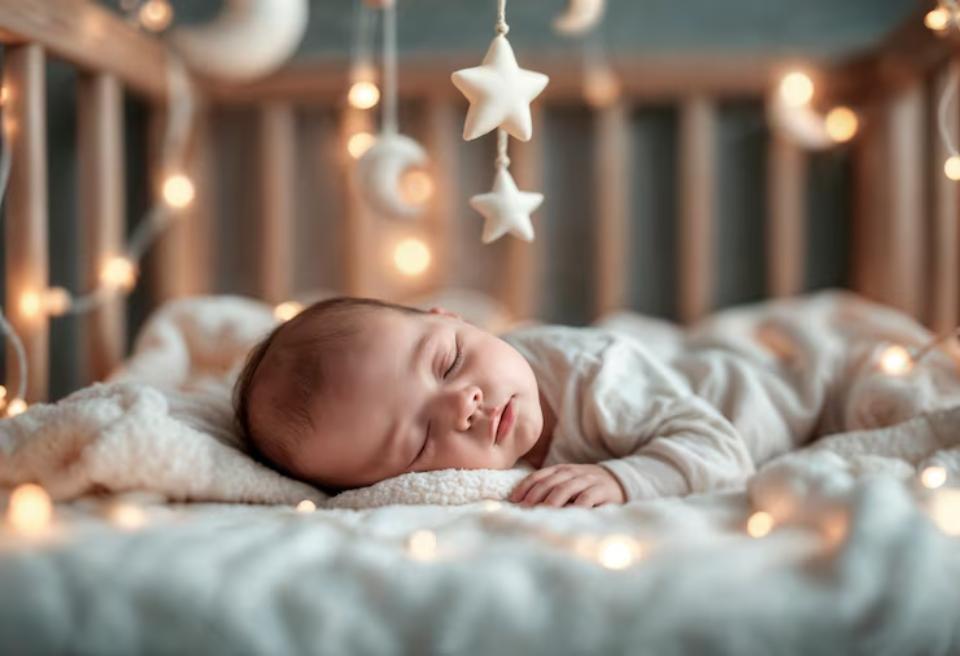  A peacefully sleeping baby in a crib, surrounded by soft blankets and twinkling fairy lights, with hanging stars and moons above.