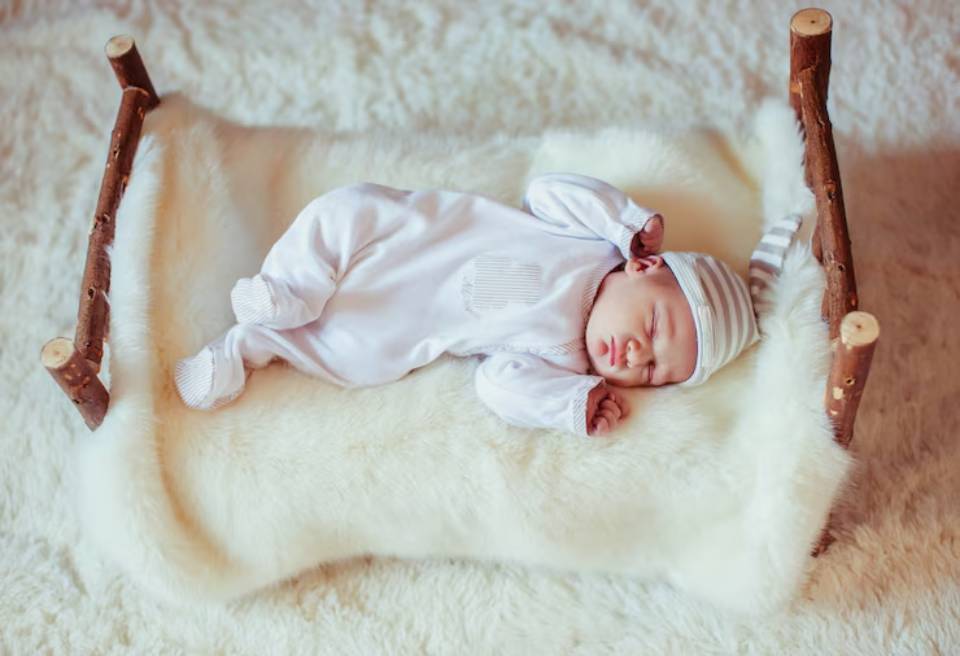 A peaceful sleeping baby in a cozy white outfit lies on a soft, fluffy blanket in a rustic wooden crib.